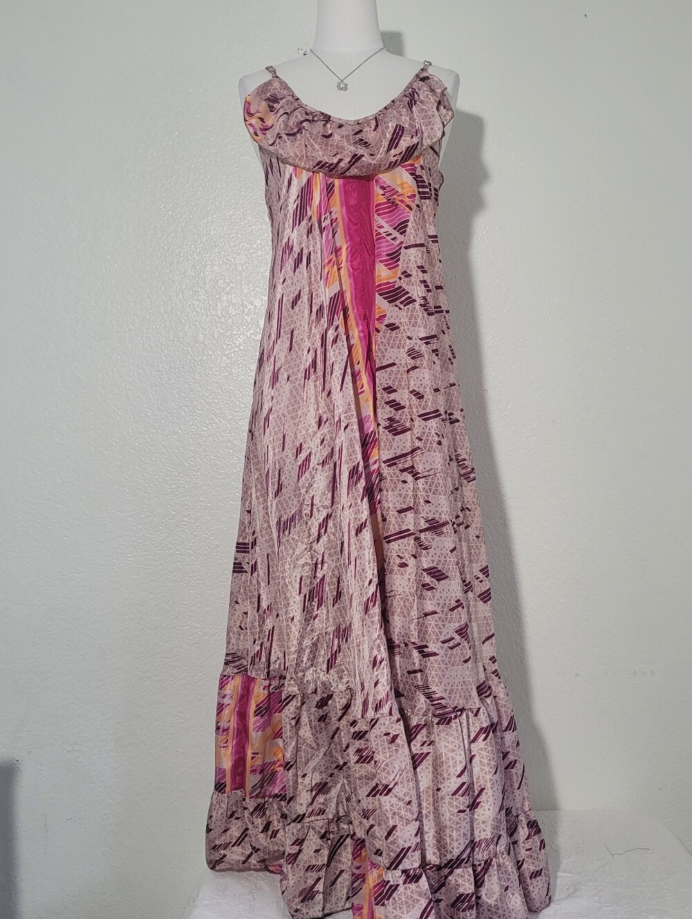 Celina One Size Pink Paisley Boho Backless Maxi Dress with Ruffles and  V- Neck
